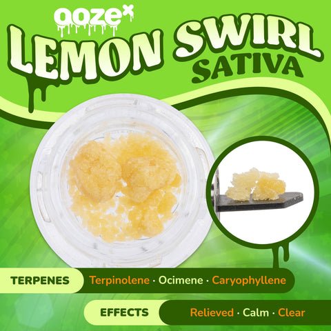 A green oozex lemon swirl sativa live resin graphic shows the concentrates in a jar and on a dab tool, and indicates the terpenes and strain's effects.